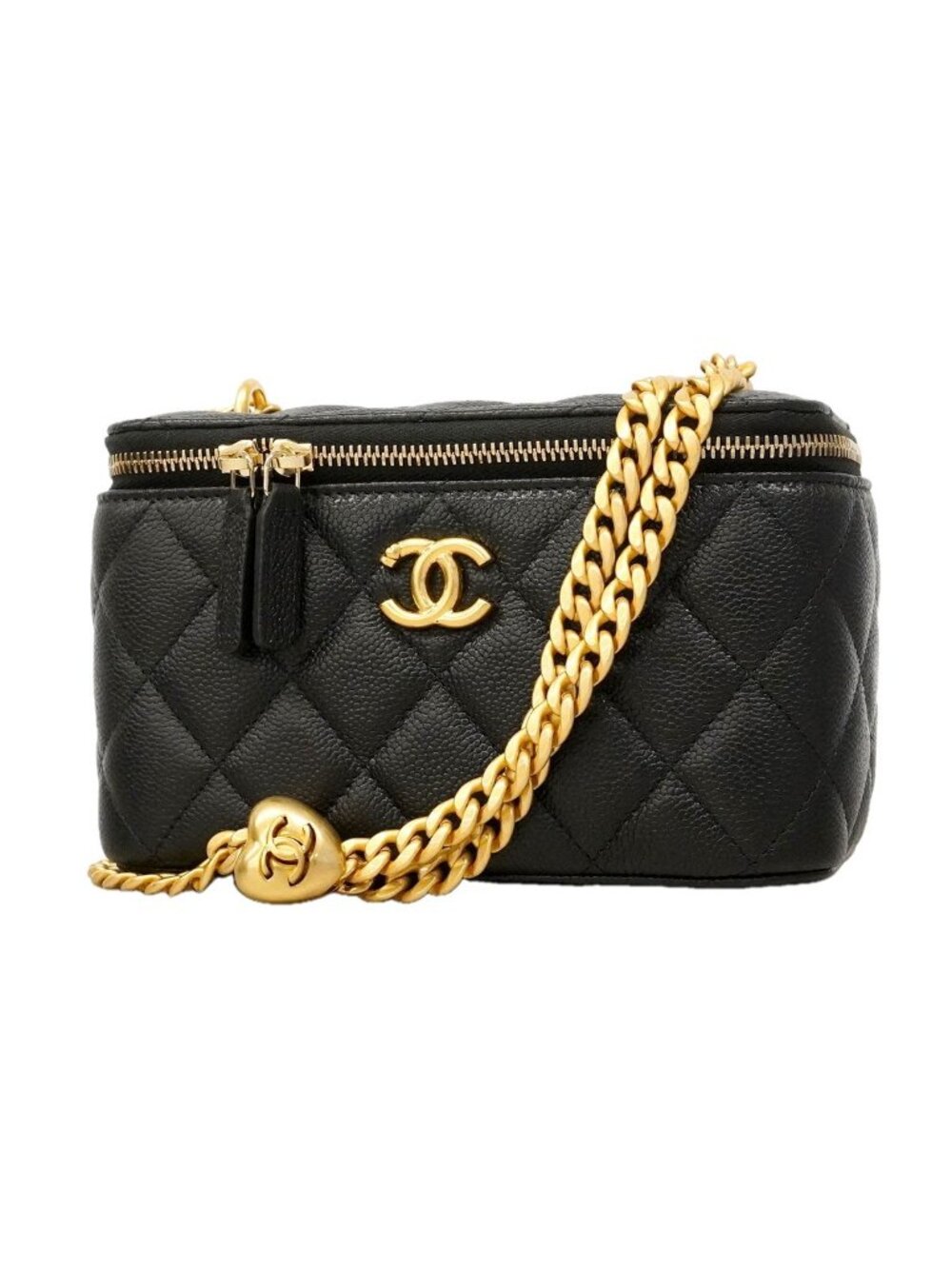 Chanel Shoulder Bag Quilted Caviar Leather Black Gold